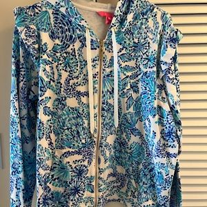 Lily Pulitzer blue and white print zipper jacket. Size XL.